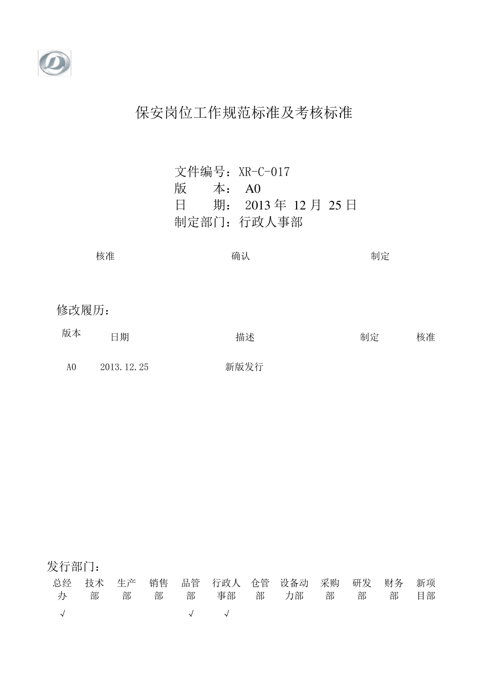 保安岗位工作规范标准及考核标准_第1页