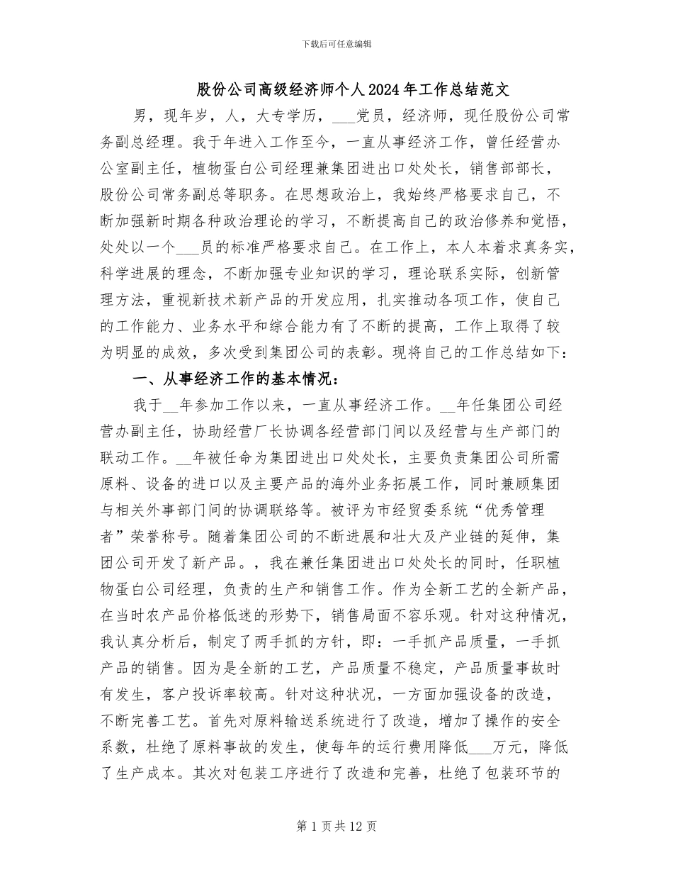 股份公司高级经济师个人2024年工作总结范文_第1页
