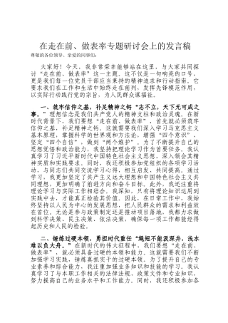 在走在前、做表率专题研讨会上的发言稿