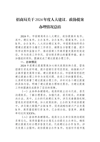 招商局关于2024年度人大建议、政协提案办理情况总结