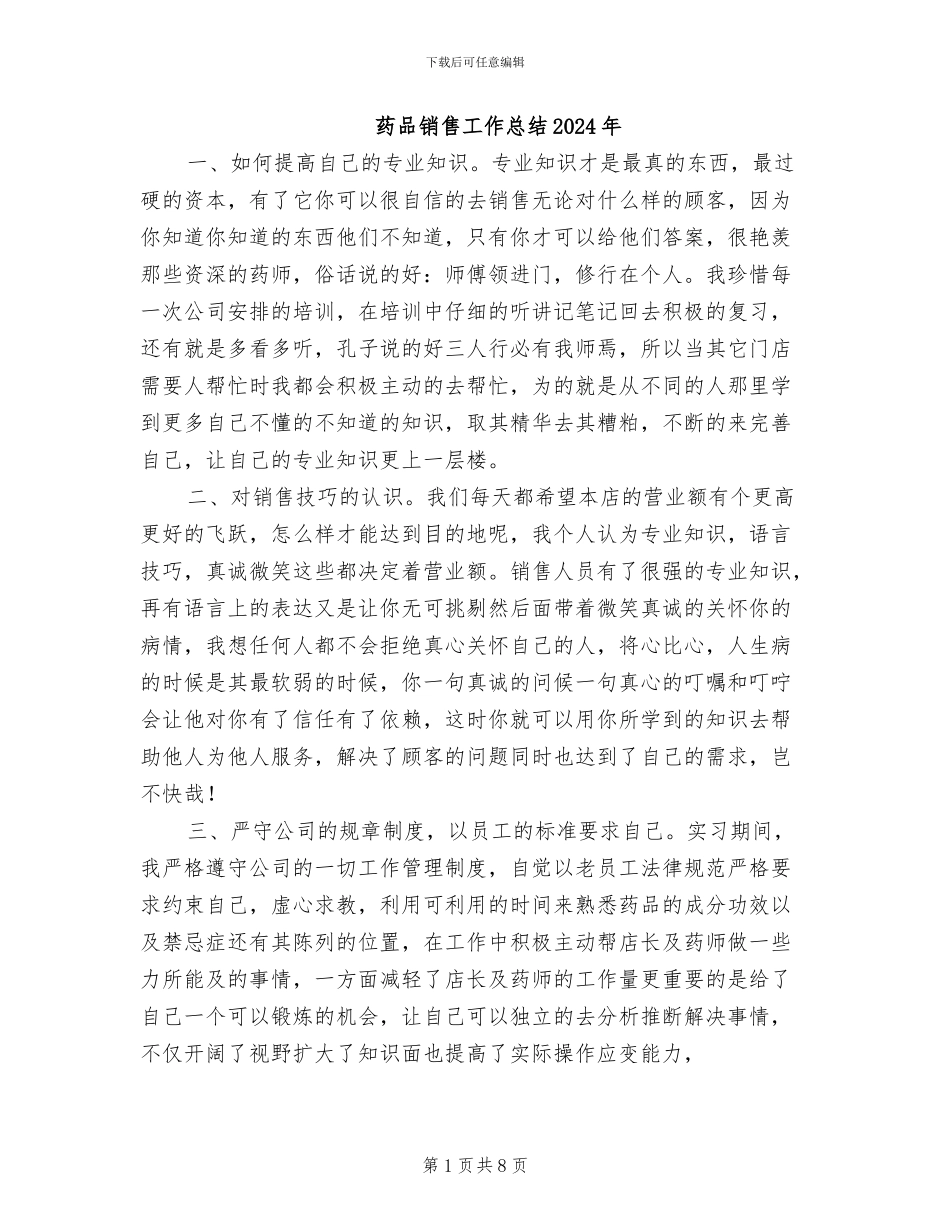 药品销售工作总结2024年_第1页
