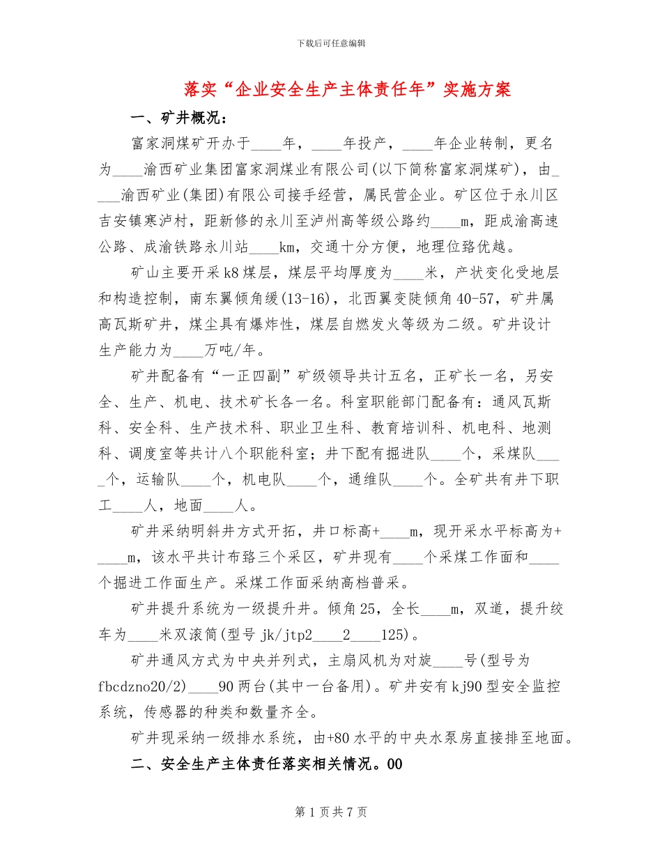 落实“企业安全生产主体责任年”实施方案_第1页