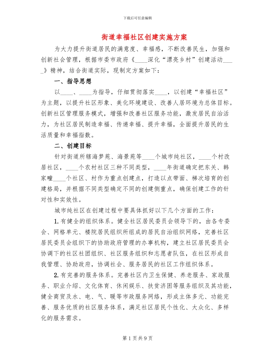 街道幸福社区创建实施方案_第1页