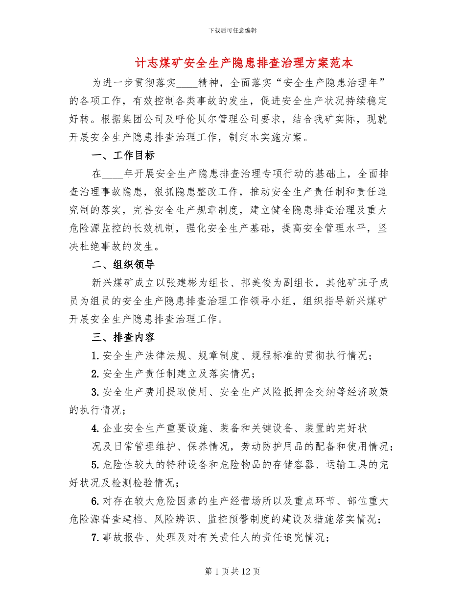 计志煤矿安全生产隐患排查治理方案范本_第1页