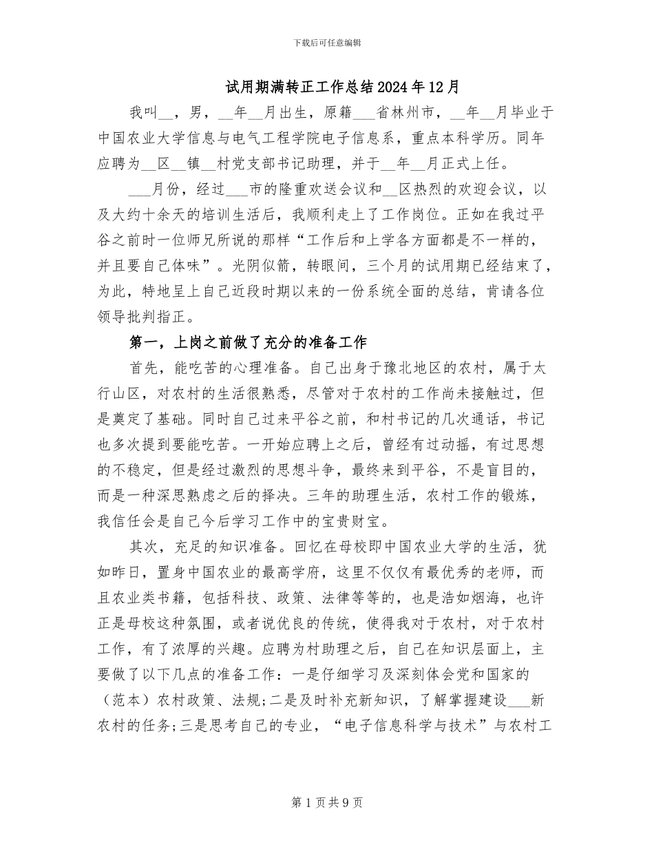 试用期满转正工作总结2024年12月_第1页