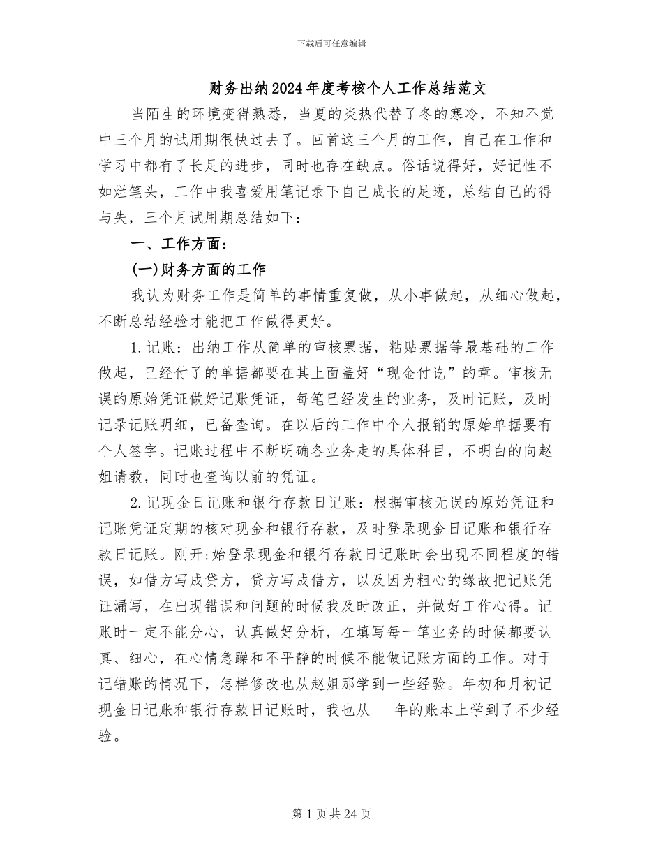 财务出纳2024年度考核个人工作总结范文_第1页