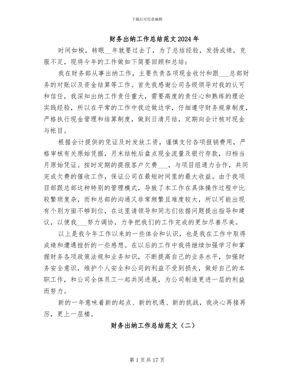 财务出纳工作总结范文2024年_第1页