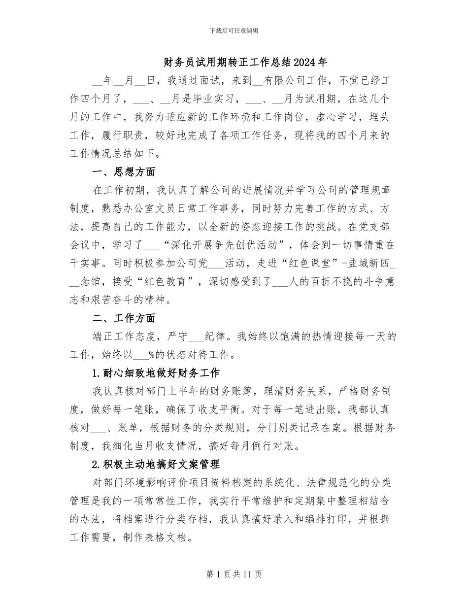 财务员试用期转正工作总结2024年_第1页