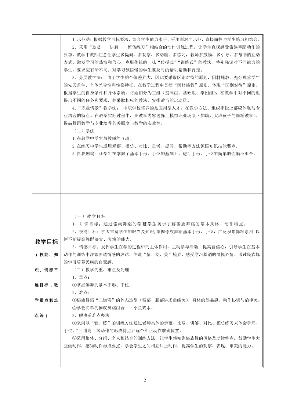 傣族舞蹈教案表格1_第2页