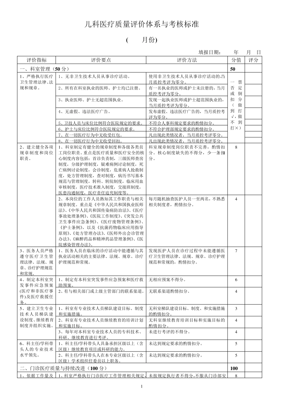 儿科医疗质量评价体系与考核标准_第1页