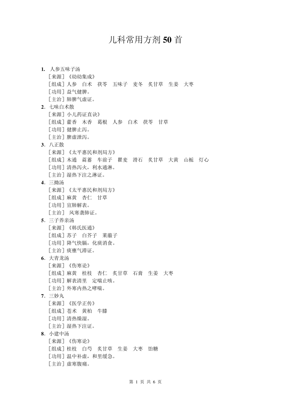 儿科常用方剂50首方剂_第1页