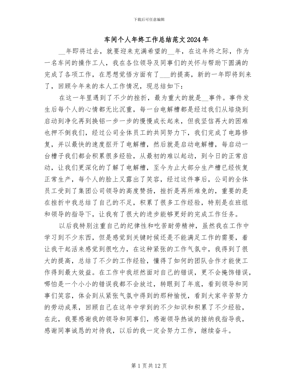 车间个人年终工作总结范文2024年_第1页