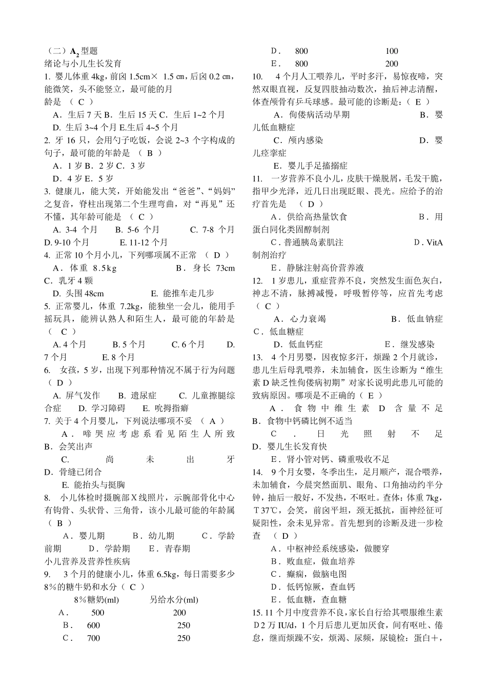 儿科选择a2型题_第1页