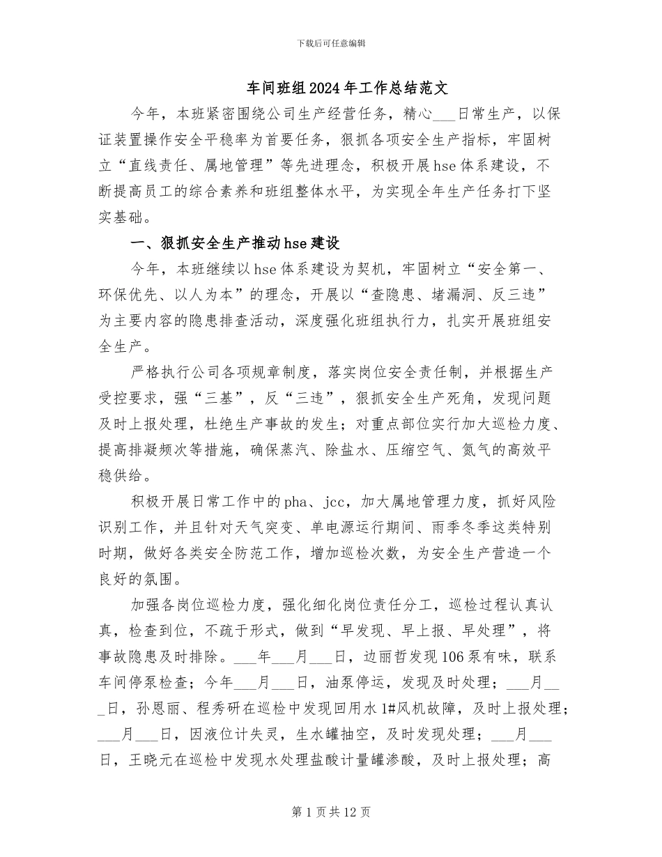 车间班组2024年工作总结范文_第1页