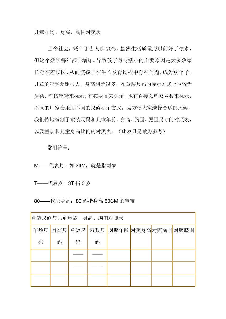 儿童年龄、身高、胸围对照表_第1页