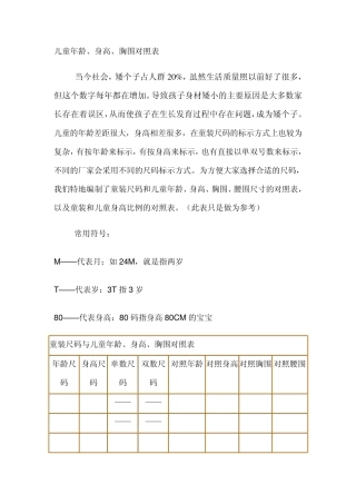 儿童年龄、身高、胸围对照表