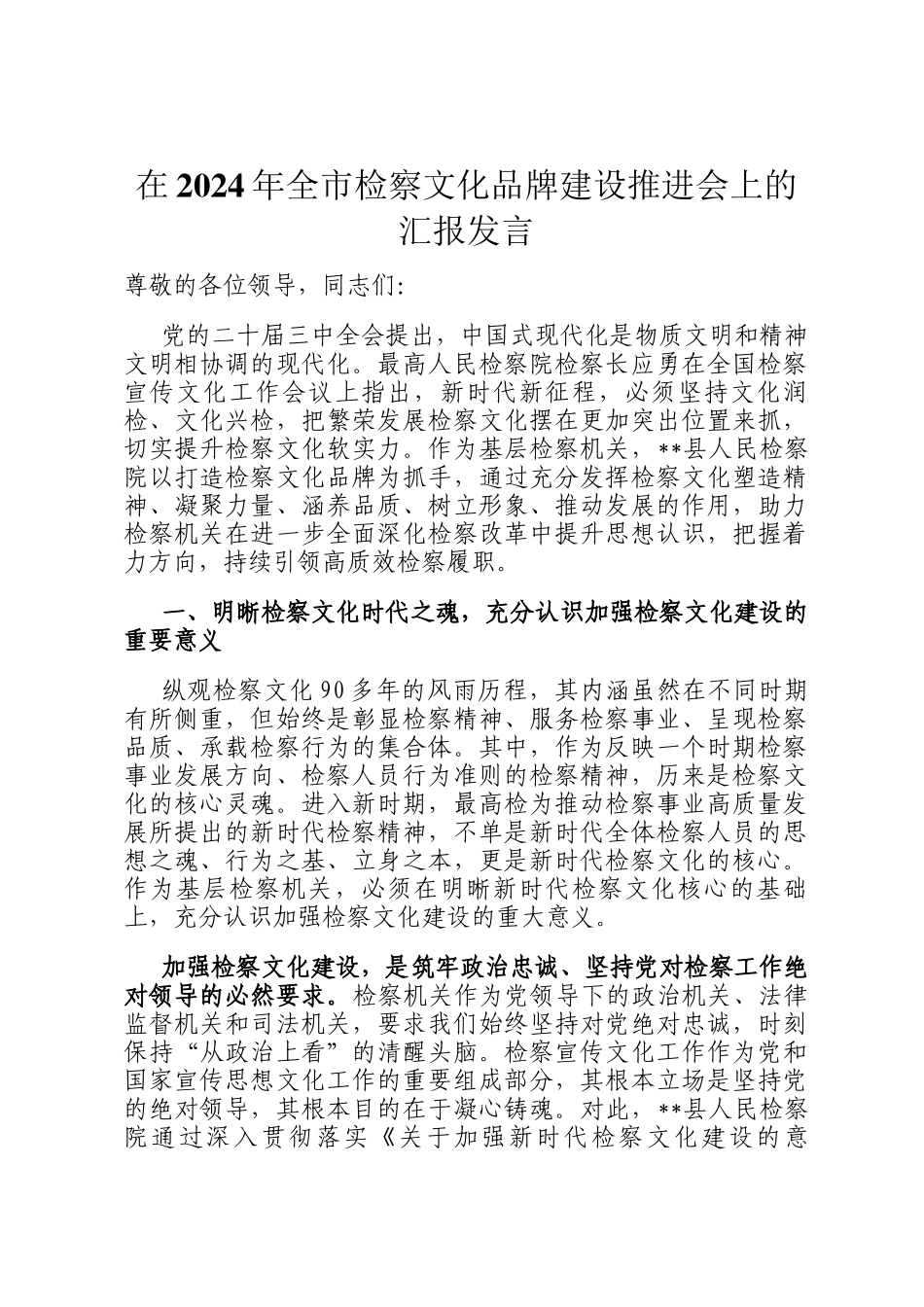 在2024年全市检察文化品牌建设推进会上的汇报发言_第1页
