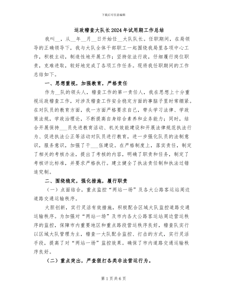 运政稽查大队长2024年试用期工作总结_第1页