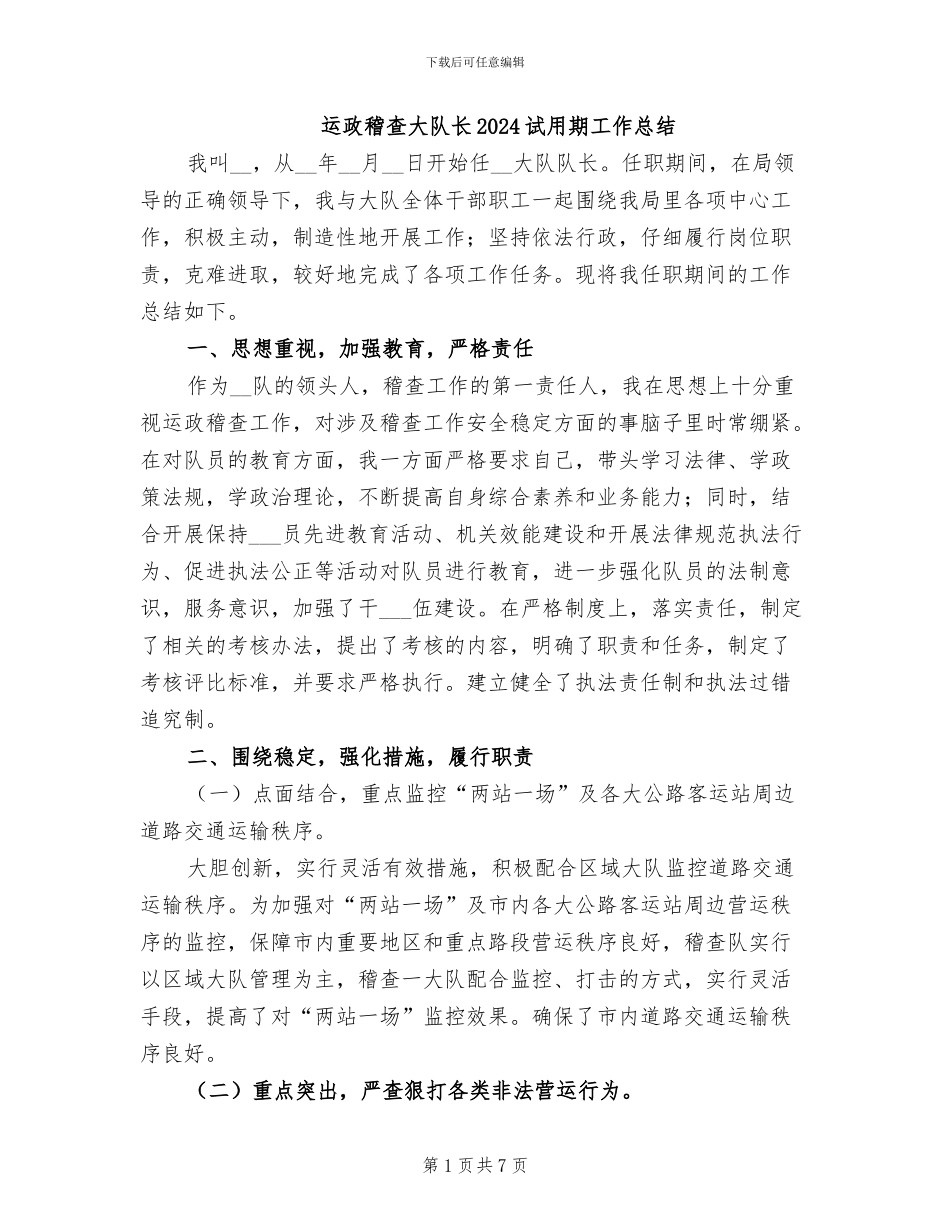 运政稽查大队长2024试用期工作总结_第1页