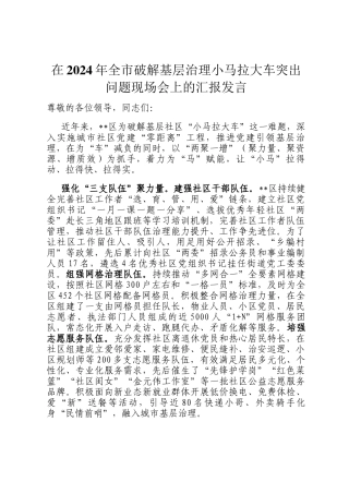 在2024年全市破解基层治理小马拉大车突出问题现场会上的汇报发言
