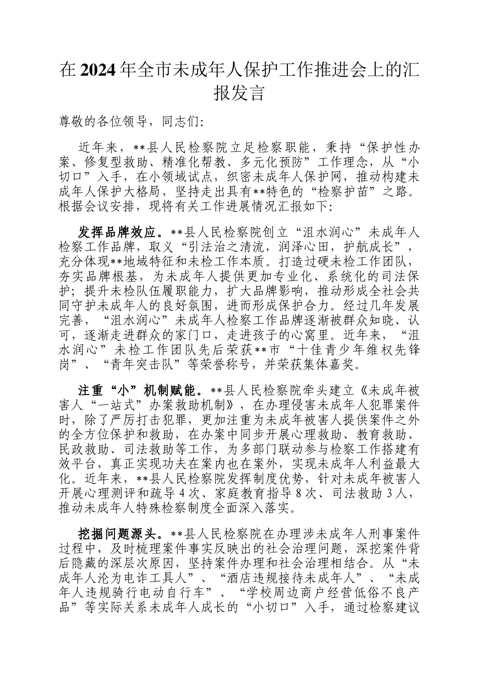 在2024年全市未成年人保护工作推进会上的汇报发言_第1页
