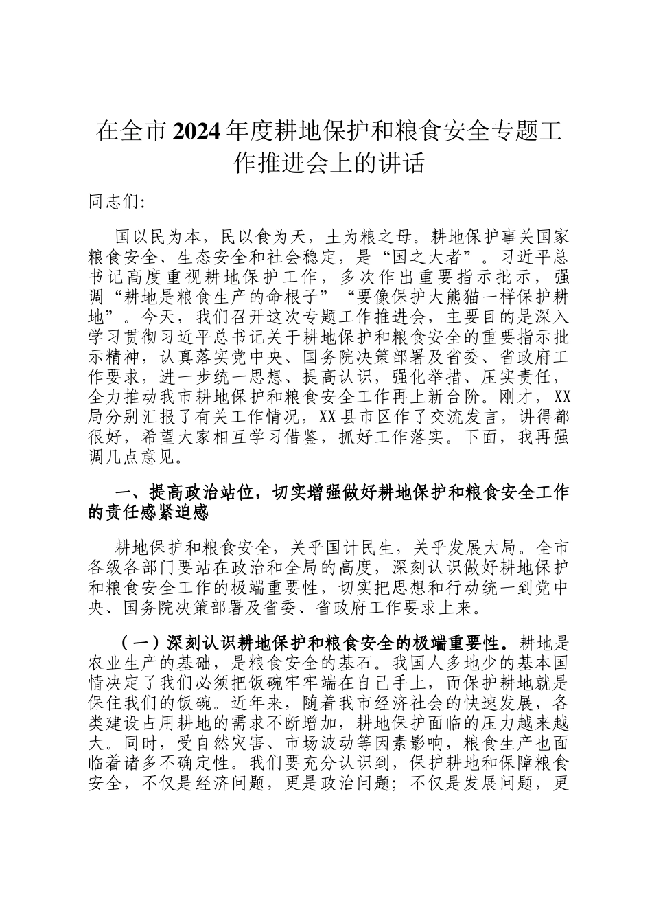 在全市2024年度耕地保护和粮食安全专题工作推进会上的讲话_第1页