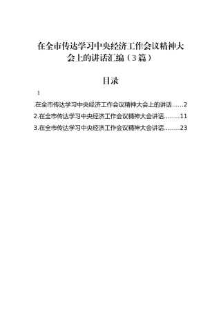 在全市传达学习中央经济工作会议精神大会上的讲话汇编（3篇）