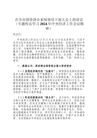 在全市国资国企系统领导干部大会上的讲话（专题传达学习2024年中央经济工作会议精神）