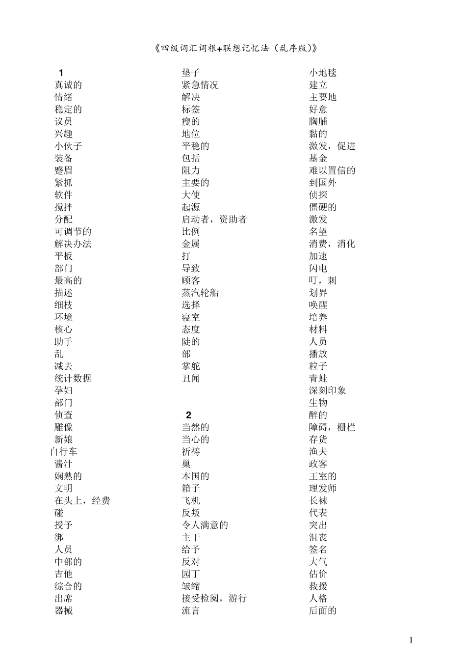 全中文默写版(四级词汇词根+联想记忆法_乱序版)_第1页