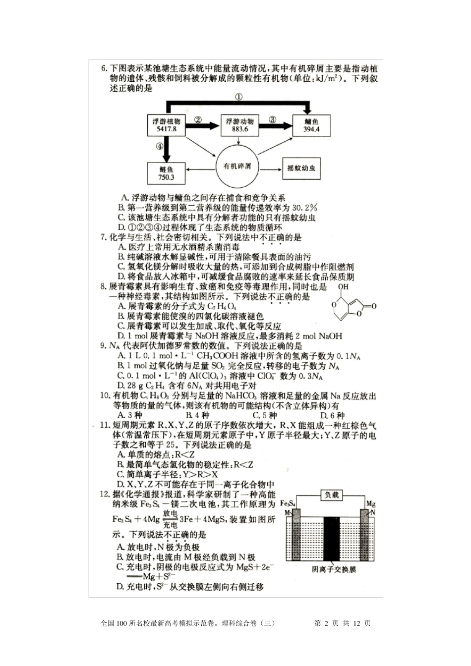 全国100所名校最新高考模拟示范卷理科综合卷_第2页