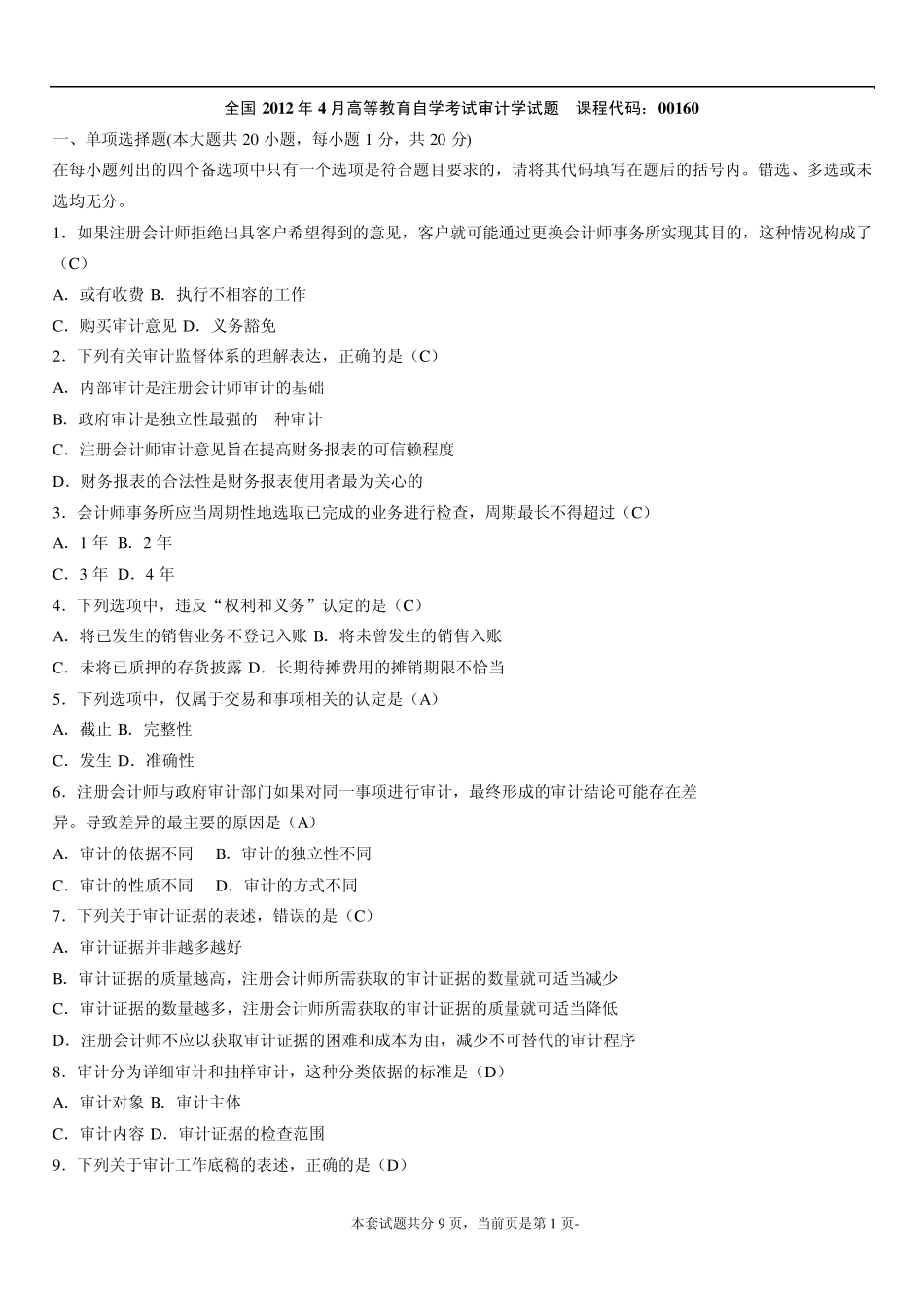 全国2012年4月高等教育自学考试审计学试题_第1页