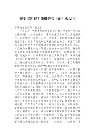 在全市巡察工作推进会上的汇报发言