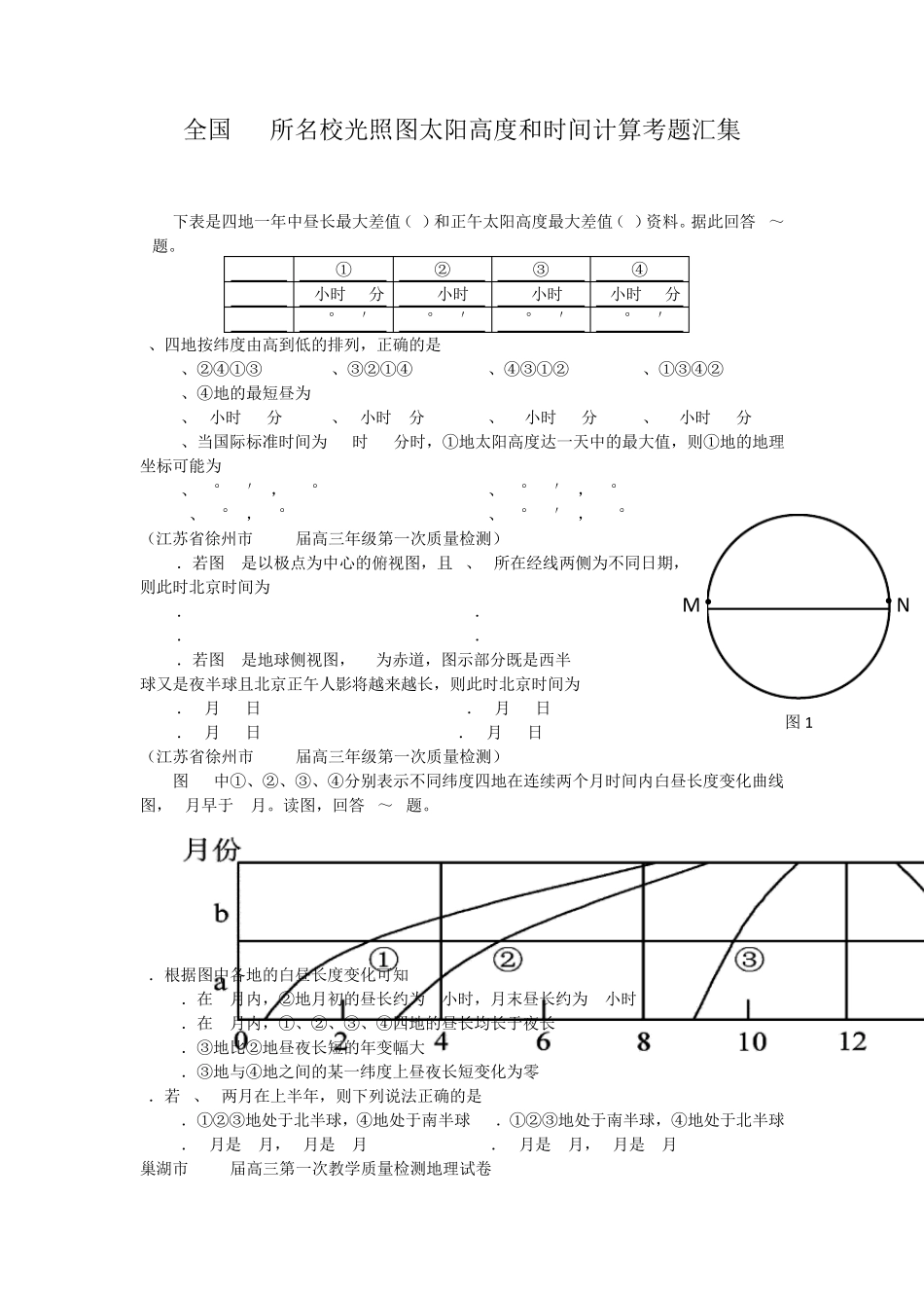 全国30所名校光照图太阳高度和时间计算考题汇集_第1页