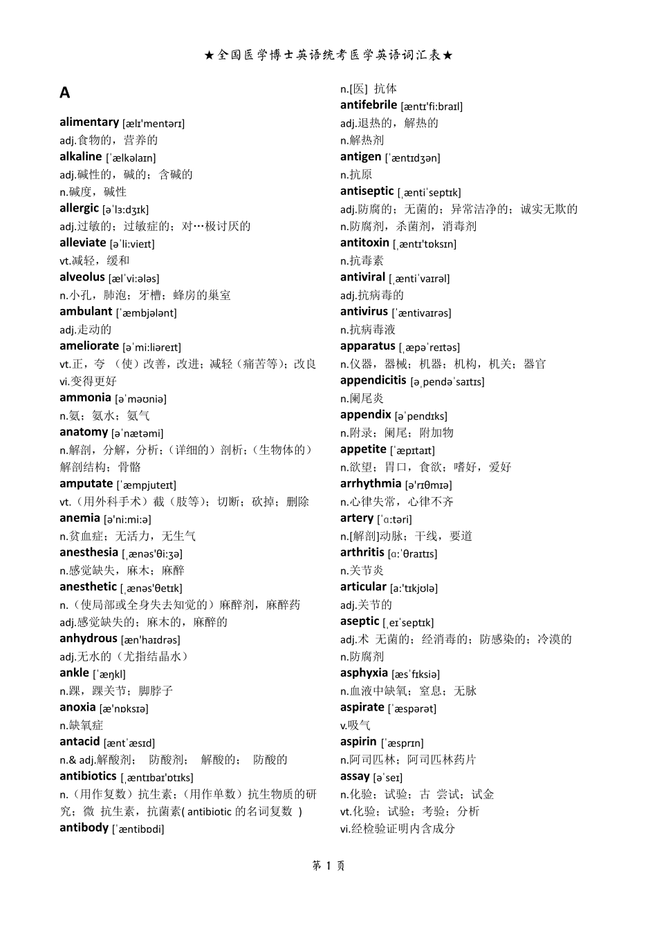 全国医学博士英语统考医学英语词汇表(带音标完美打印版)_第1页