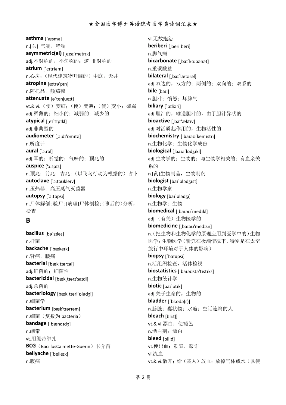 全国医学博士英语统考医学英语词汇表(带音标完美打印版)_第2页