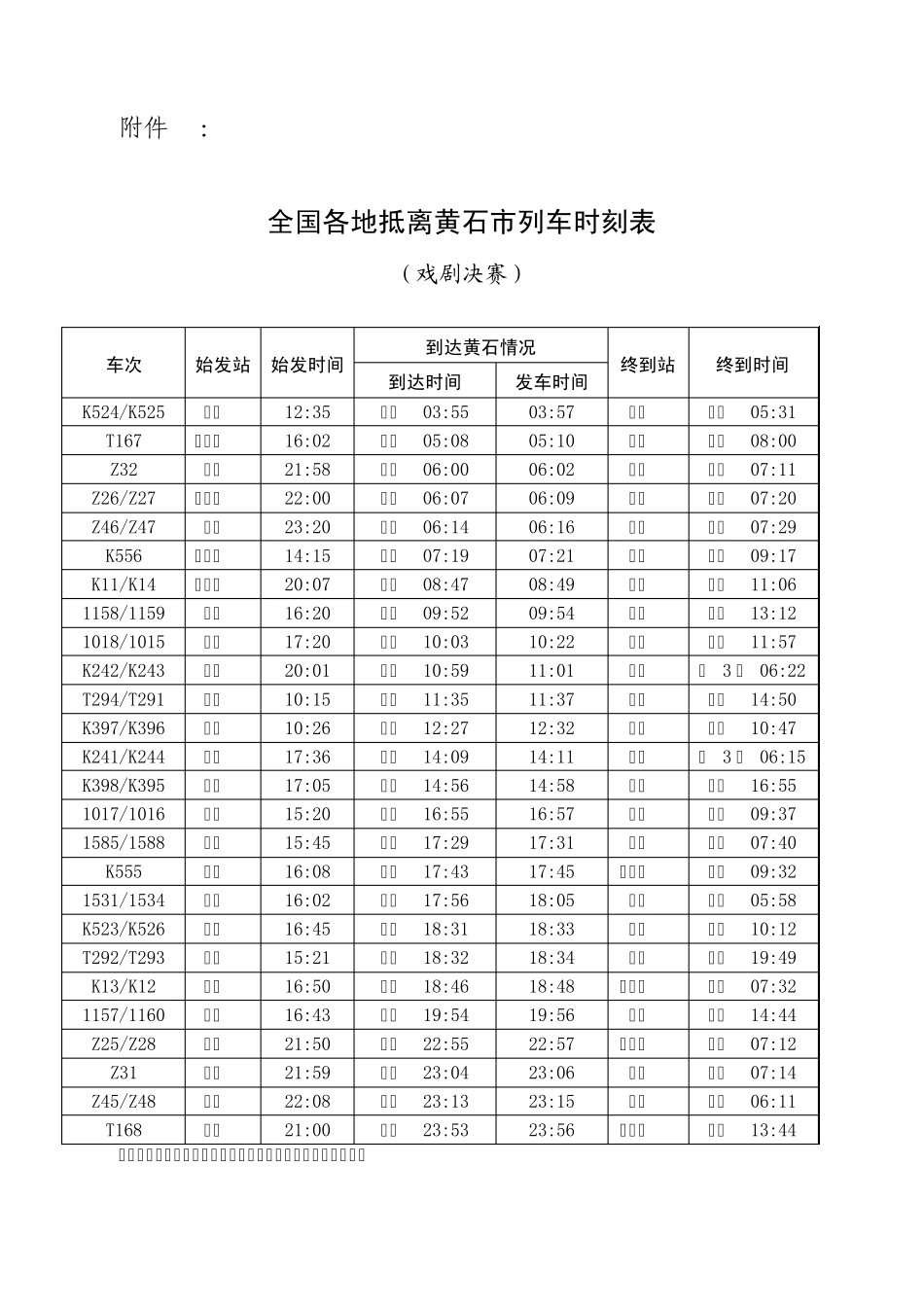 全国各地抵离黄石市列车时刻表_第1页