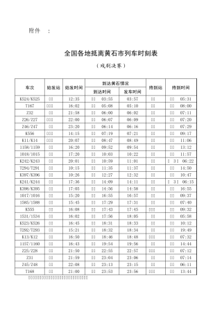 全国各地抵离黄石市列车时刻表
