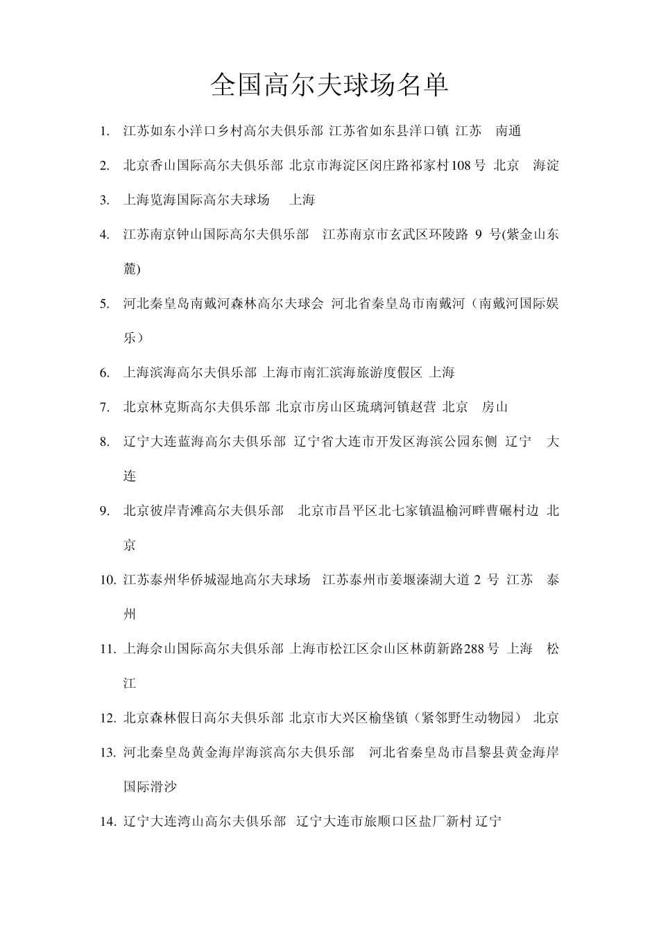 全国各地高尔夫球场球场汇总(有可能出现重复,请检查)_第1页