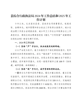 县综合行政执法局2024年工作总结和2025年工作计划