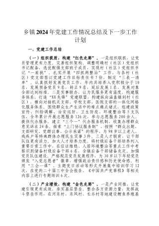 乡镇2024年党建工作情况总结及下一步工作计划