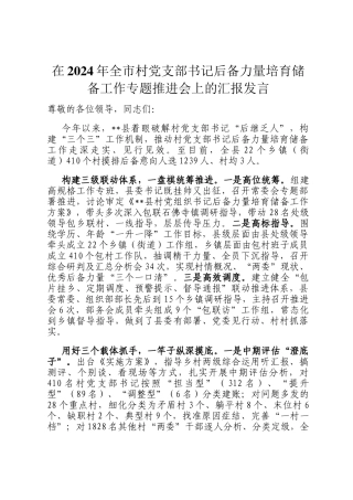 在2024年全市村党支部书记后备力量培育储备工作专题推进会上的汇报发言