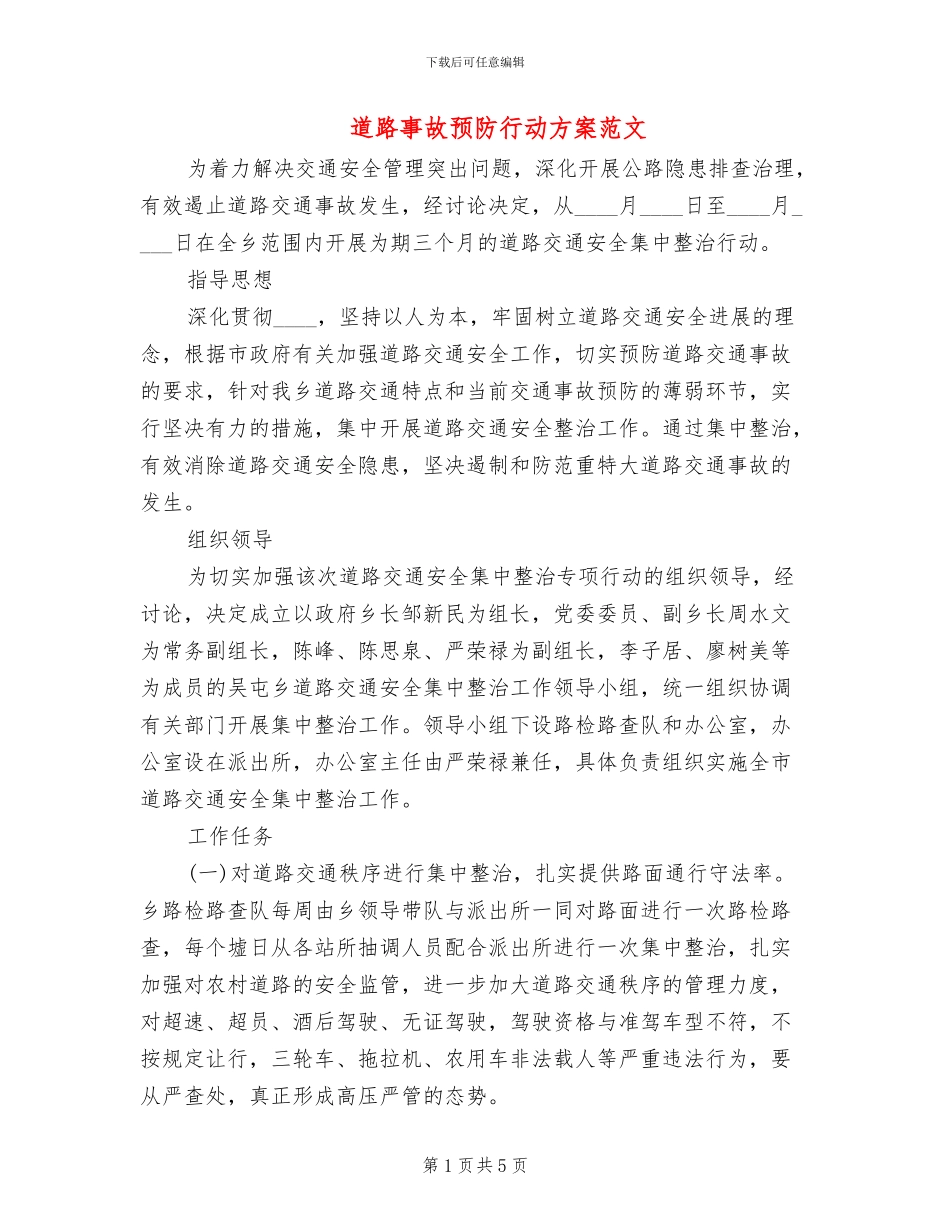 道路事故预防行动方案范文_第1页