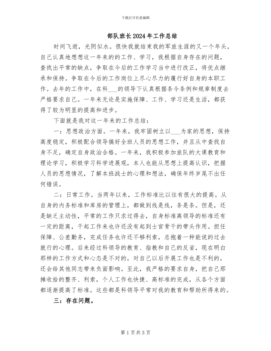 部队班长2024年工作总结_第1页