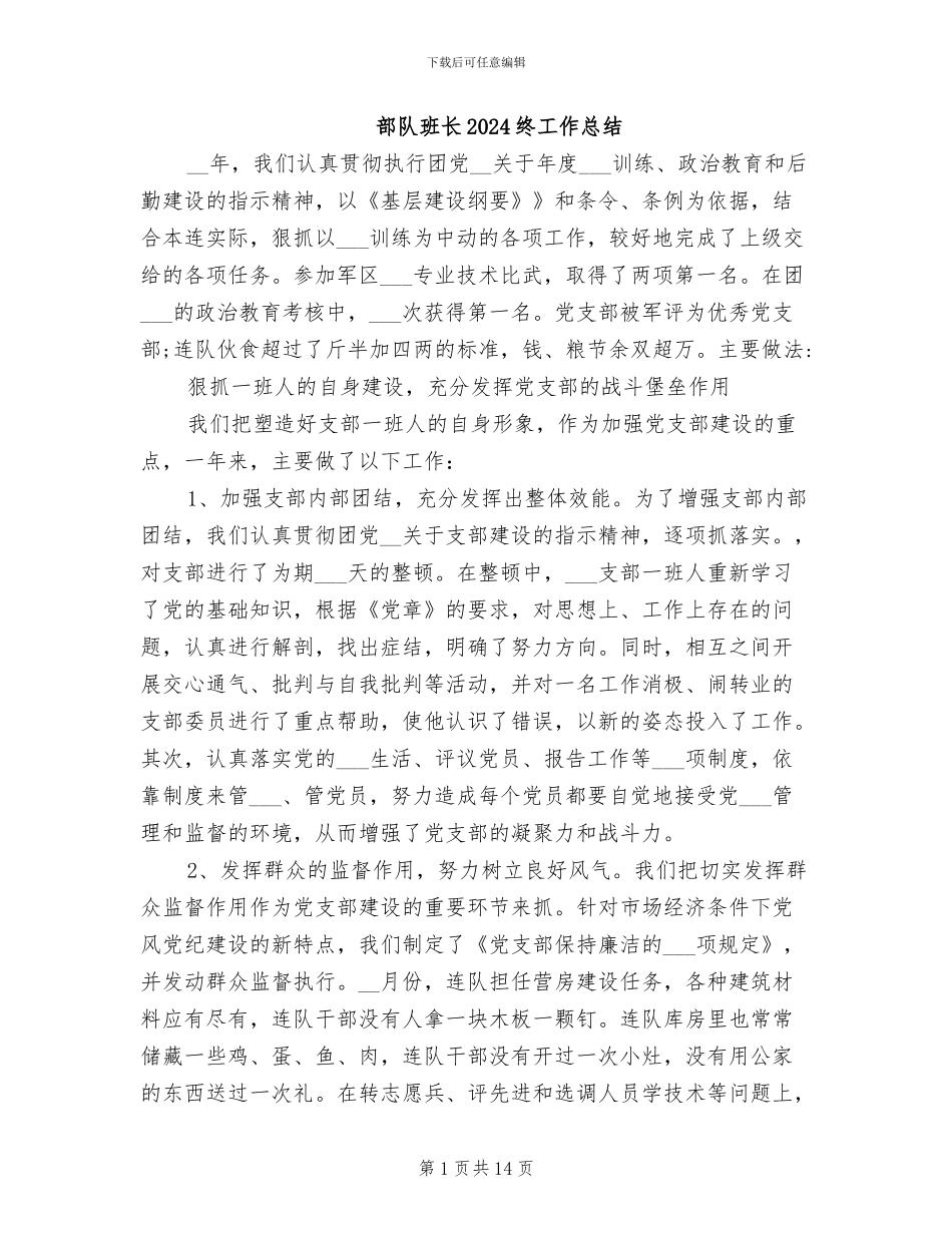 部队班长2024终工作总结_第1页