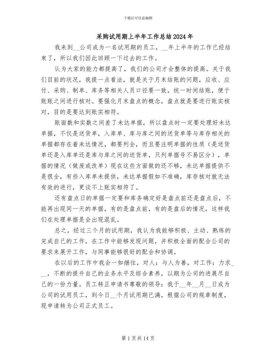 采购试用期上半年工作总结2024年_第1页