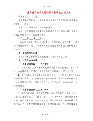 重点岗位廉政风险防控机制建设实施方案