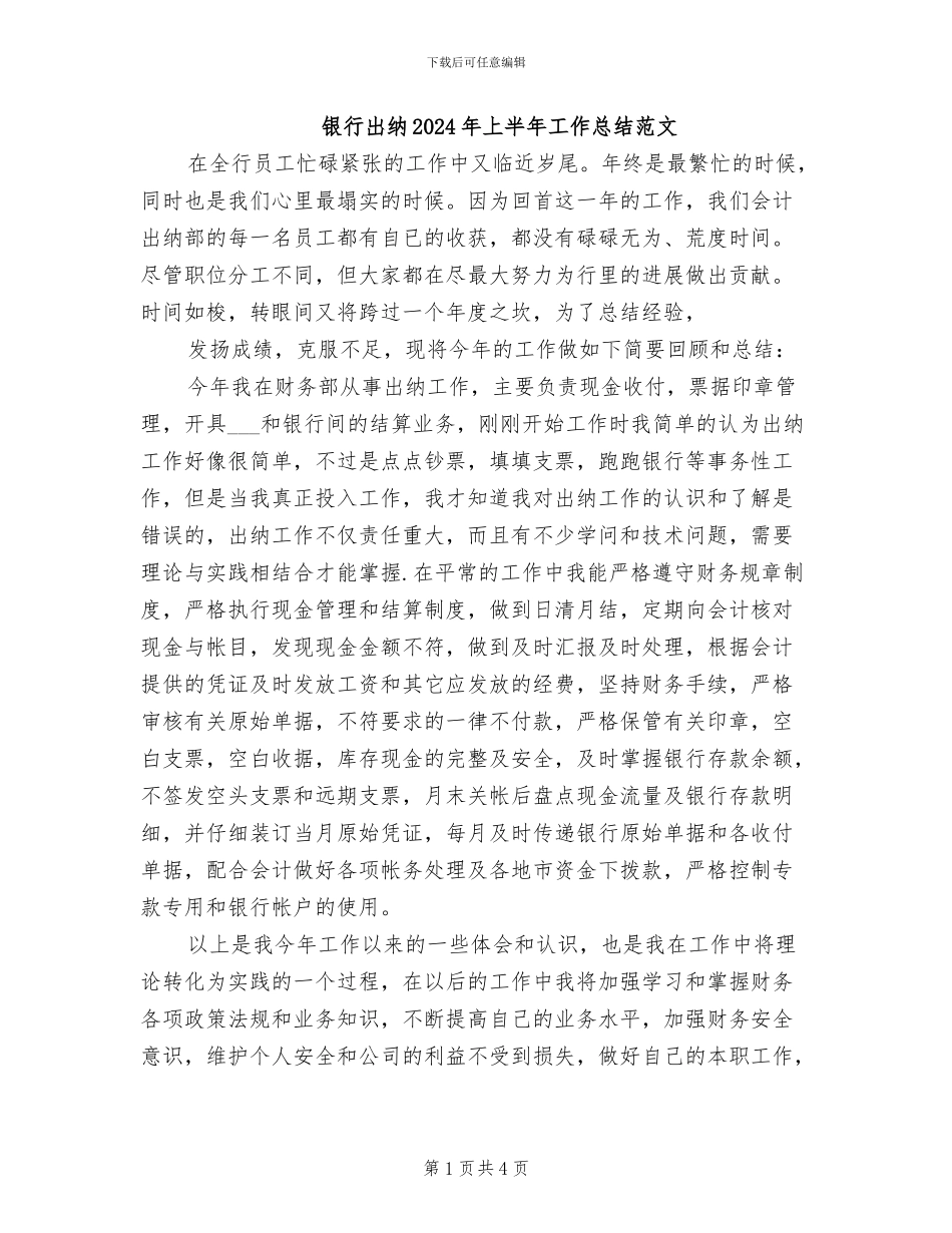 银行出纳2024年上半年工作总结范文_第1页