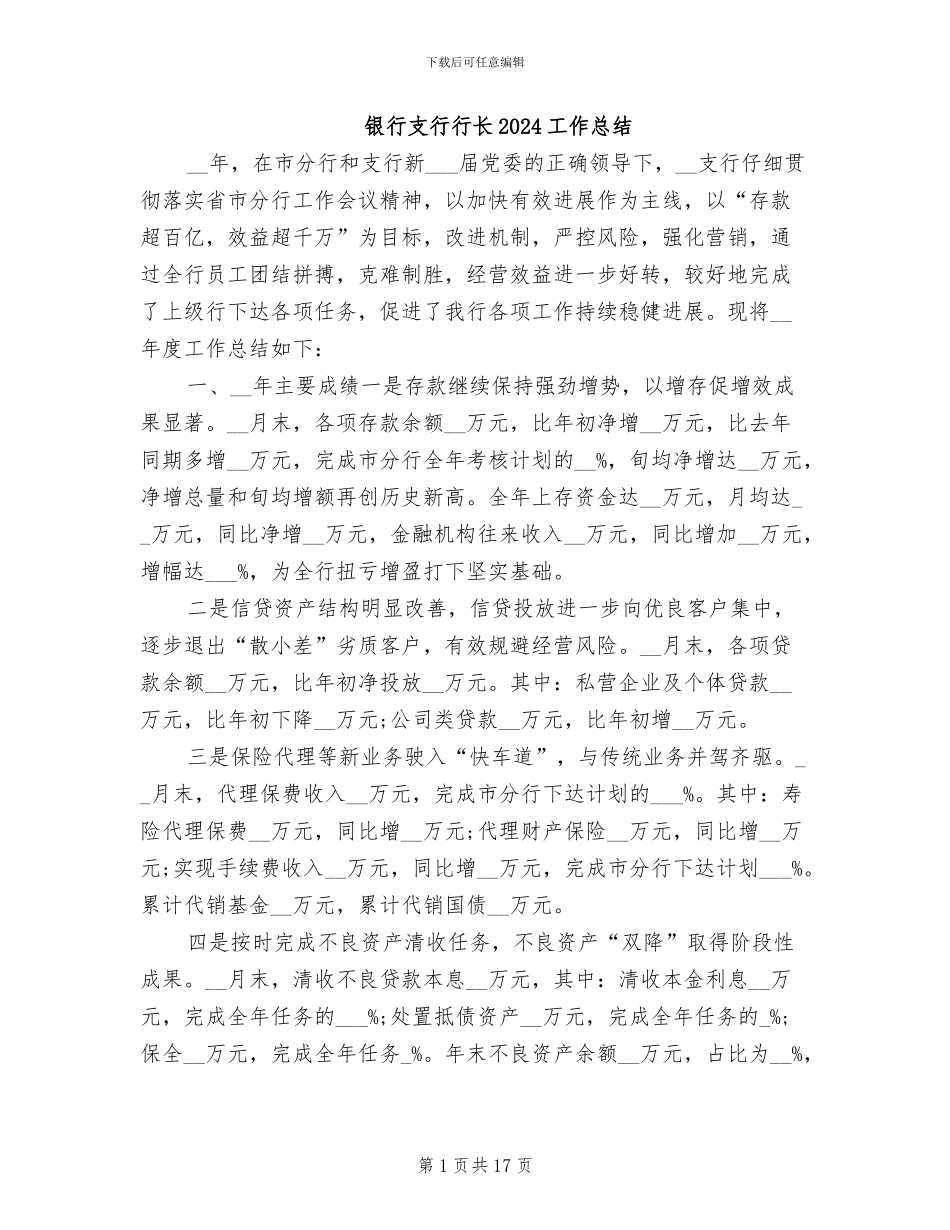 银行支行行长2024工作总结_第1页