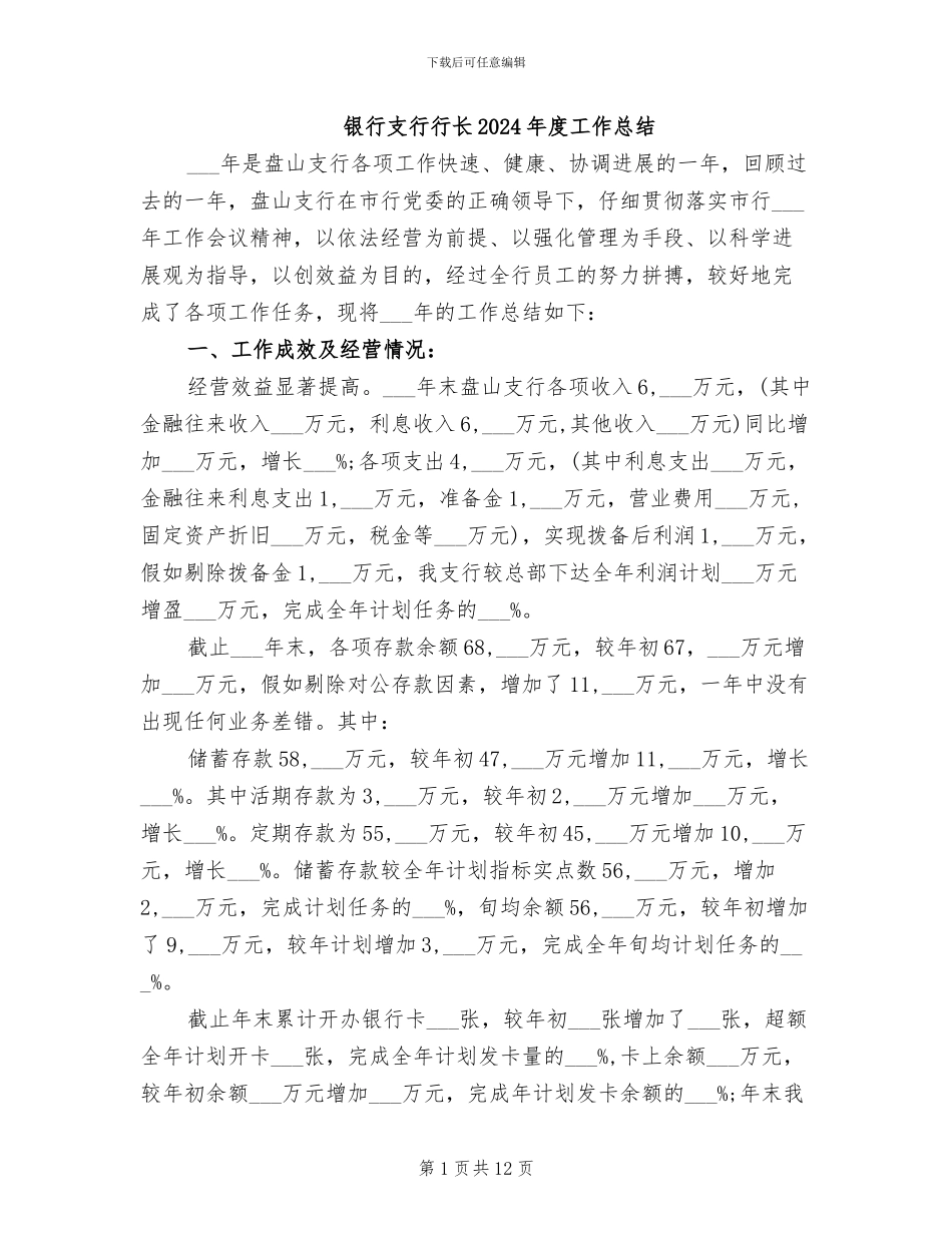 银行支行行长2024年度工作总结_第1页