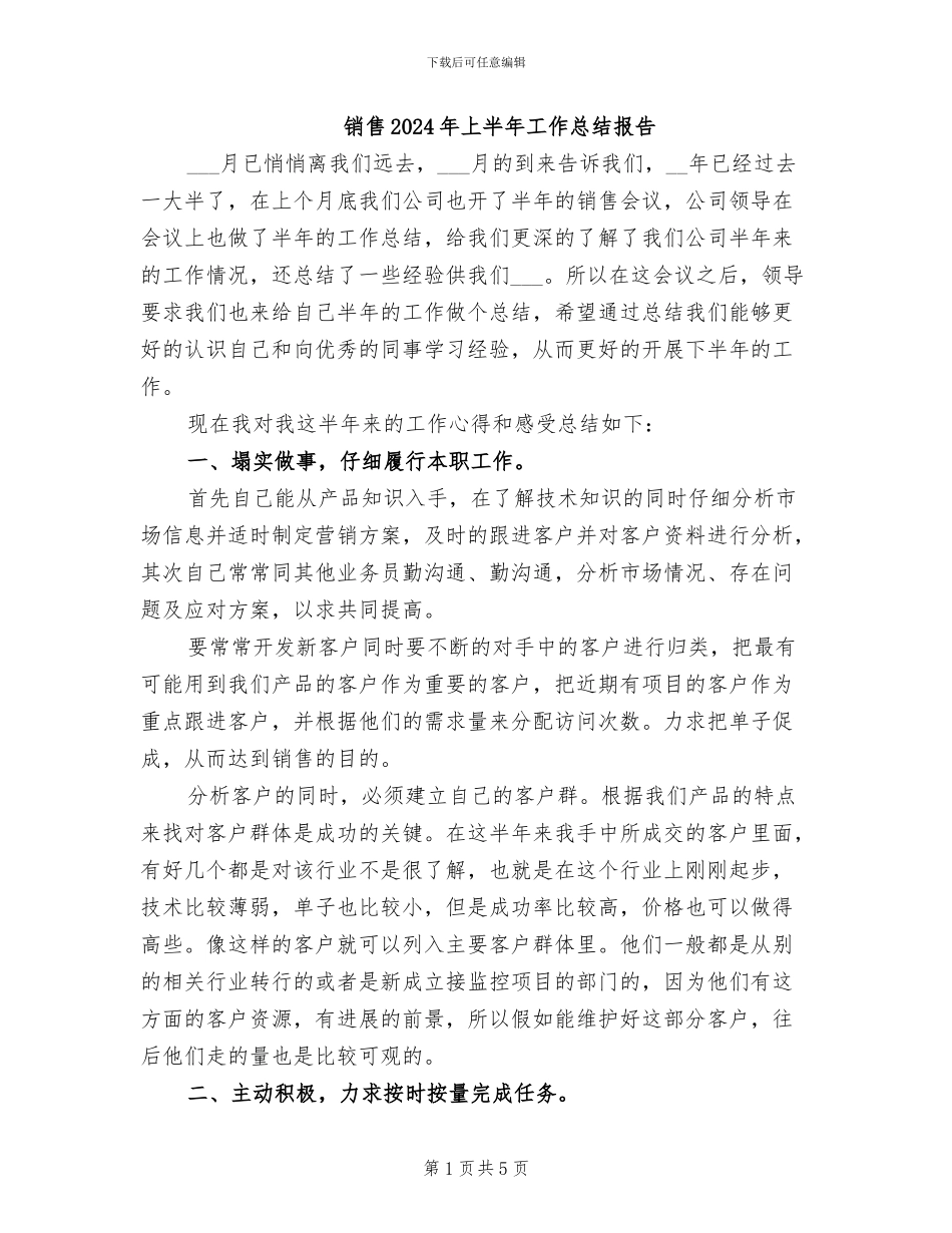 销售2024年上半年工作总结报告_第1页